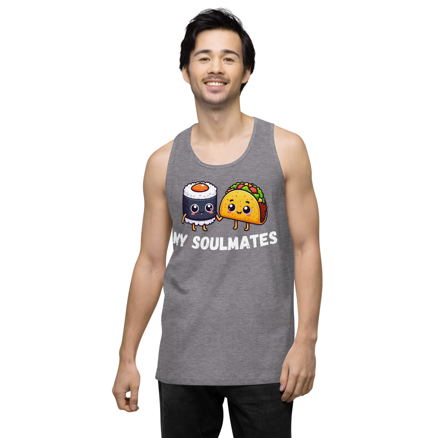 Men’s premium tank top, Sushi and Taco My Soulmates_white letters