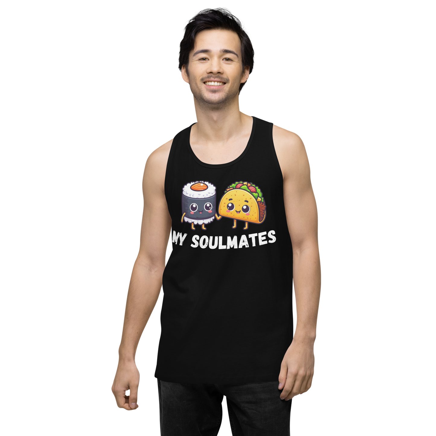 Men’s premium tank top, Sushi and Taco My Soulmates_white letters