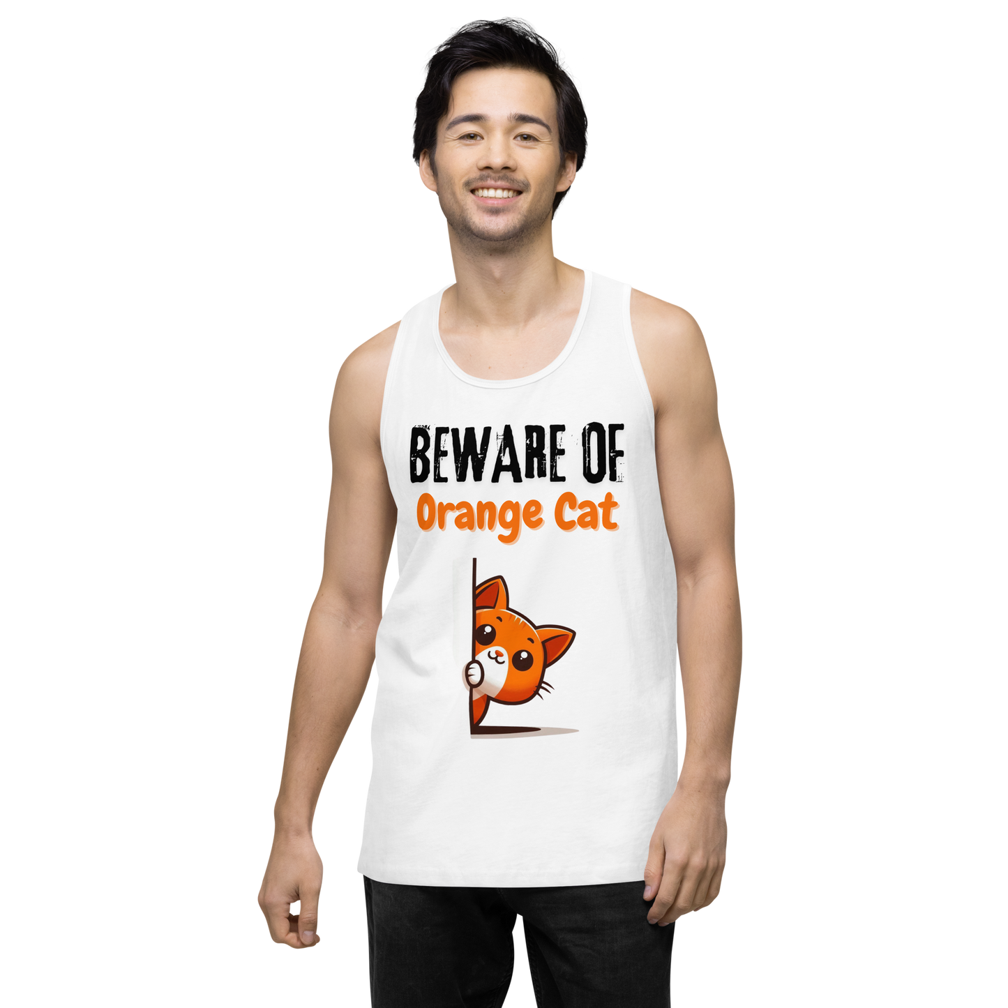Men’s premium tank top, Beware of Orange Cat_black letters