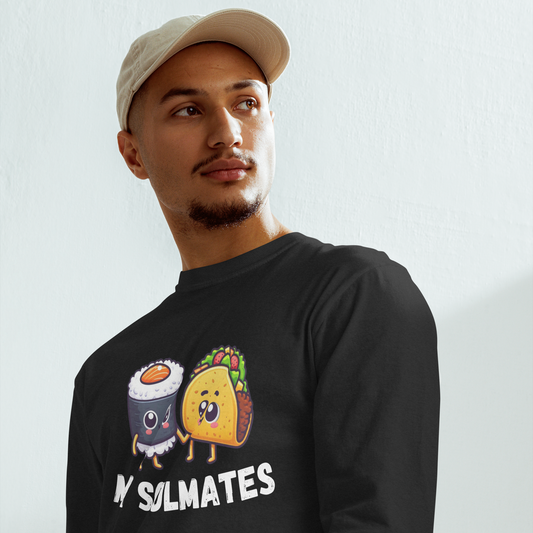 Garment-dyed heavyweight long-sleeve shirt, Unisex, Sushi and Taco My Soulmates_white letters