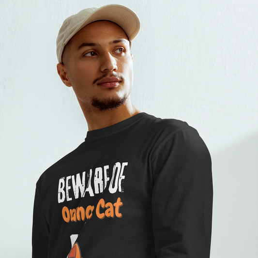 Garment-dyed heavyweight long-sleeve shirt, Unisex, Beware of Orange Cat_white letters