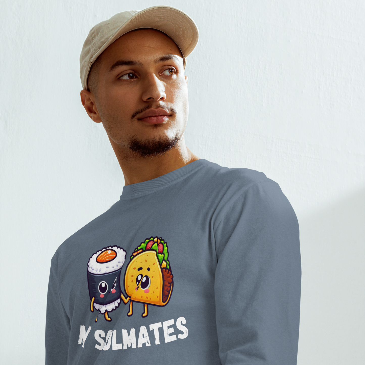 Garment-dyed heavyweight long-sleeve shirt, Unisex, Sushi and Taco My Soulmates_white letters