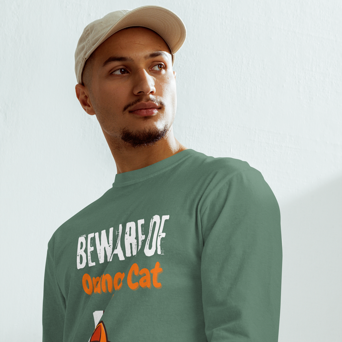 Garment-dyed heavyweight long-sleeve shirt, Unisex, Beware of Orange Cat_white letters