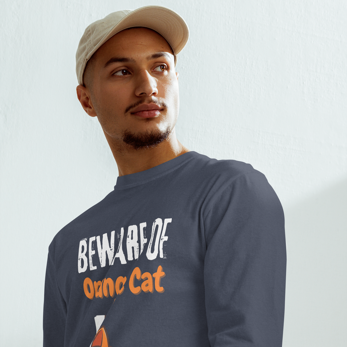 Garment-dyed heavyweight long-sleeve shirt, Unisex, Beware of Orange Cat_white letters