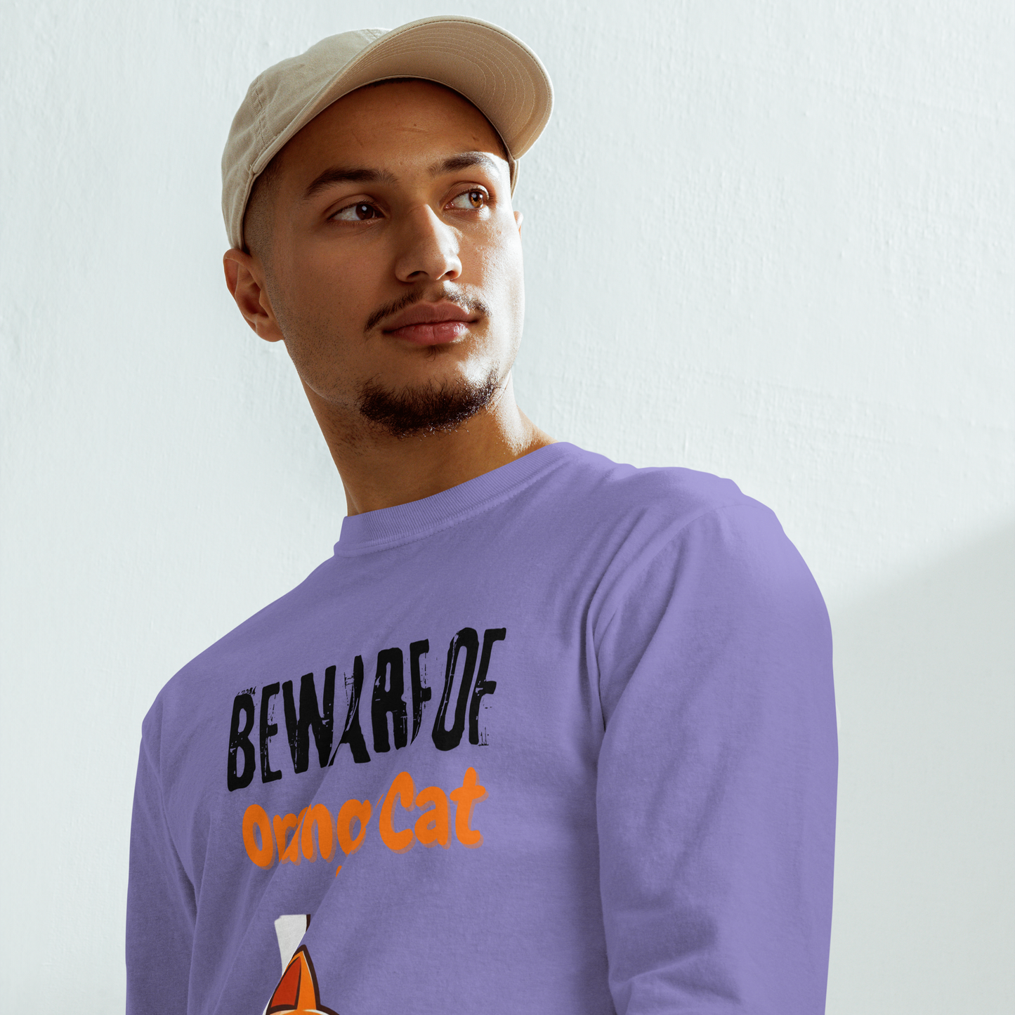 Garment-dyed heavyweight long-sleeve shirt, Unisex, Beware of Orange Cat_black letters