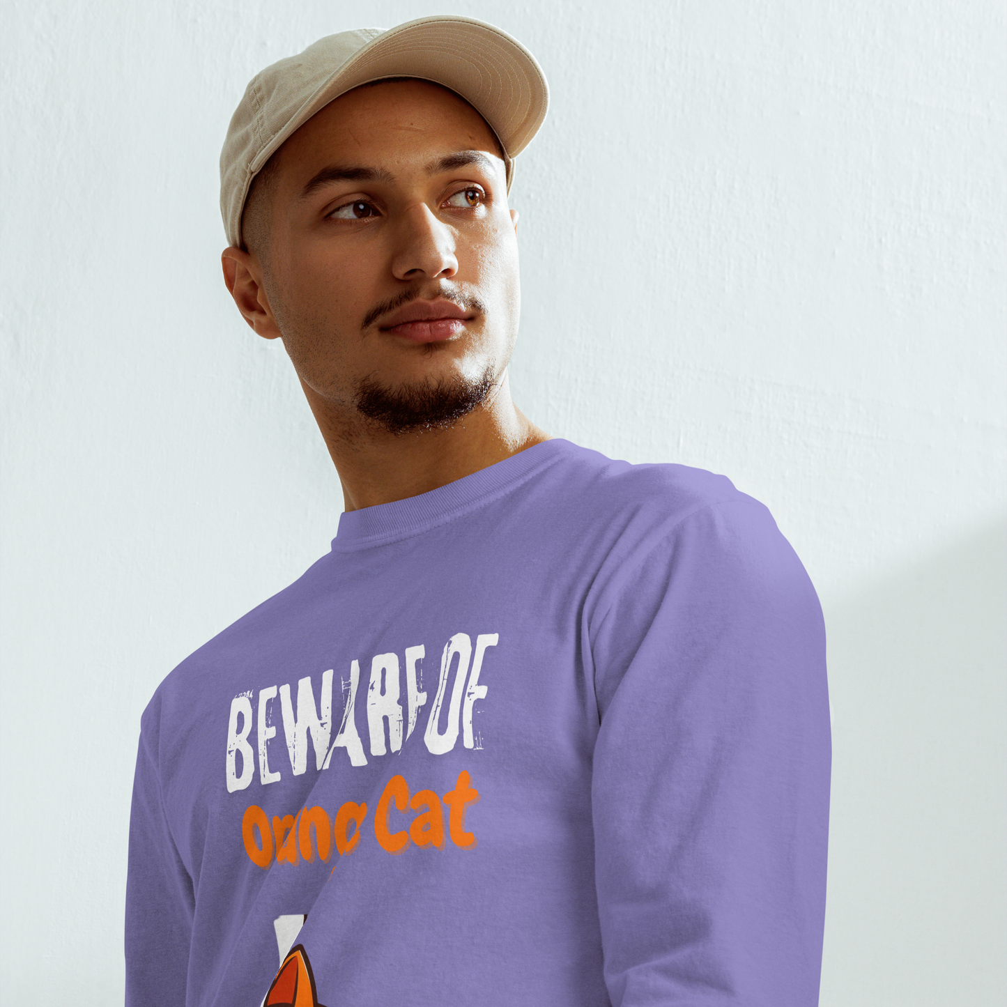 Garment-dyed heavyweight long-sleeve shirt, Unisex, Beware of Orange Cat_white letters