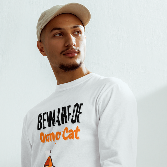 Garment-dyed heavyweight long-sleeve shirt, Unisex, Beware of Orange Cat_black letters