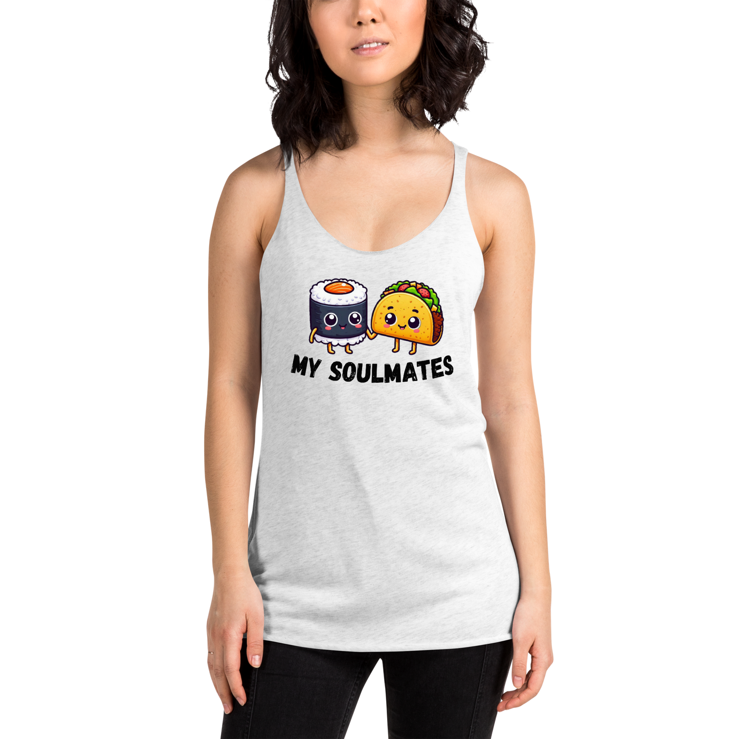 Women's Racerback Tank, Sushi and Taco My Soulmates_black letters