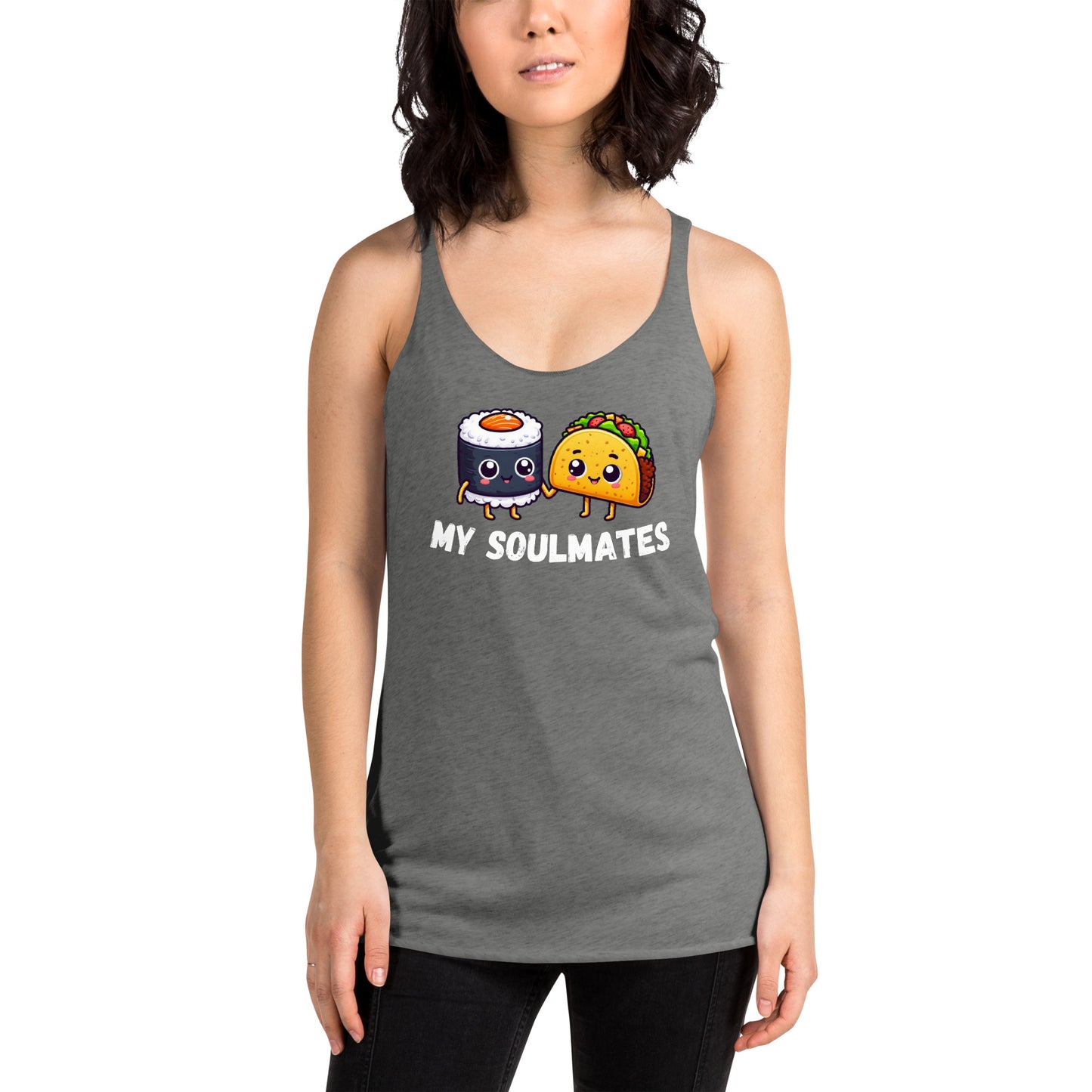 Women's Racerback Tank, Sushi and Taco My Soulmates_white letters