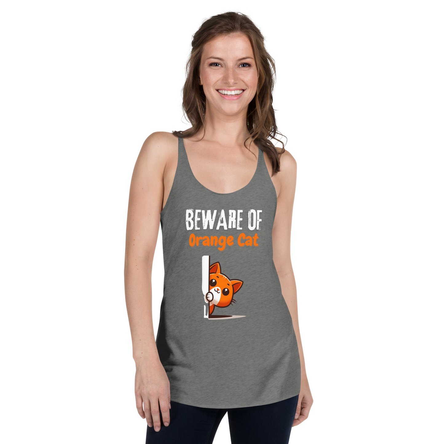 Women's Racerback Tank, Beware of Orange Cat_white letters