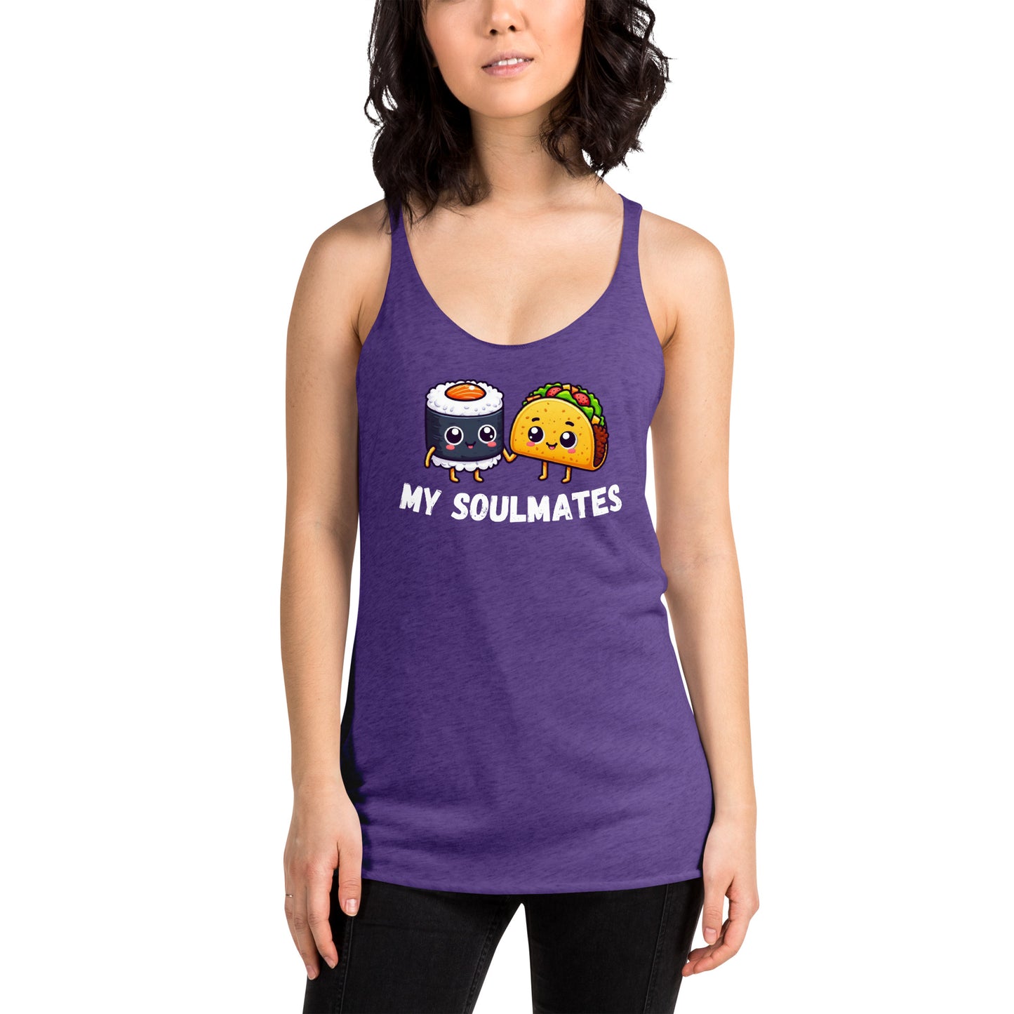 Women's Racerback Tank, Sushi and Taco My Soulmates_white letters