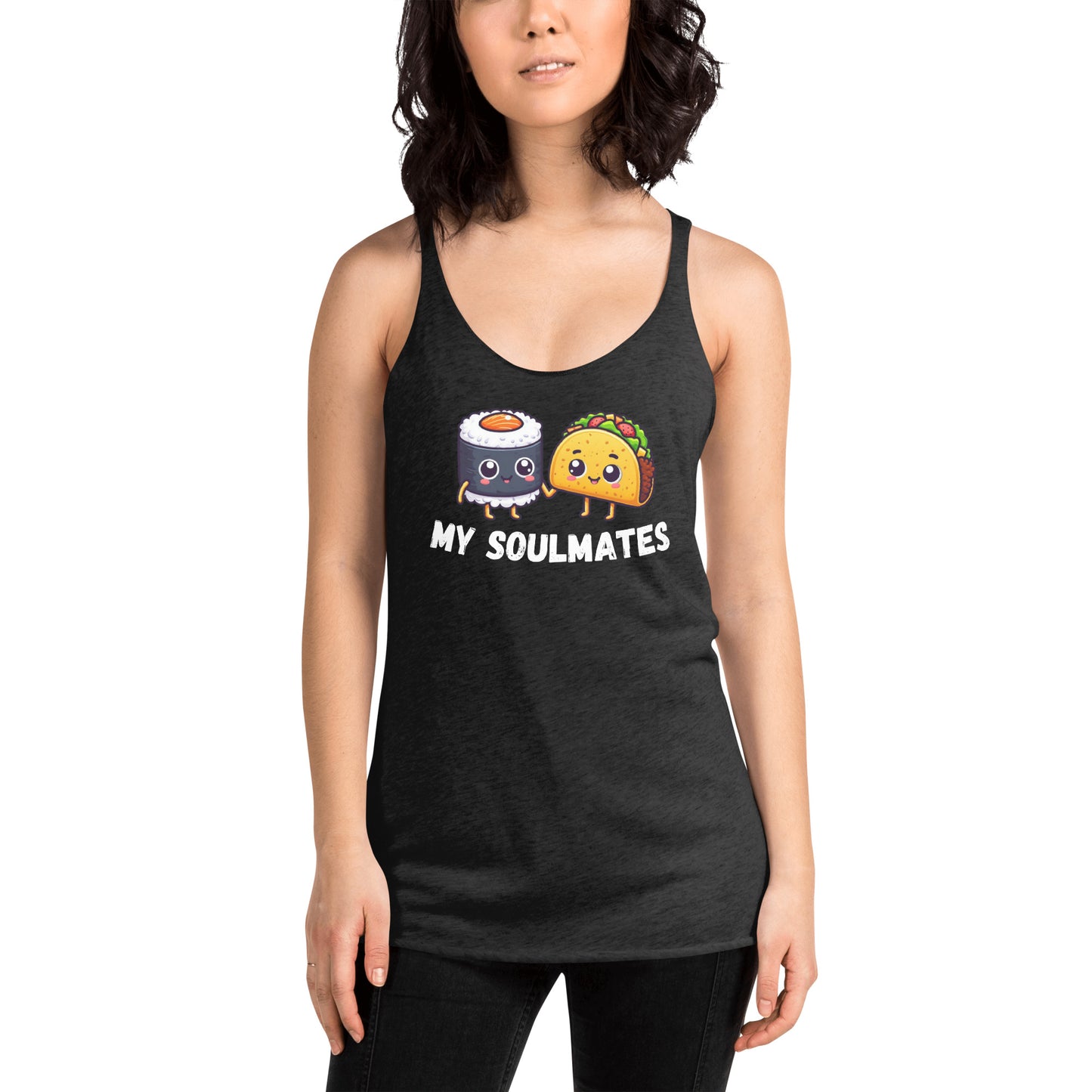 Women's Racerback Tank, Sushi and Taco My Soulmates_white letters