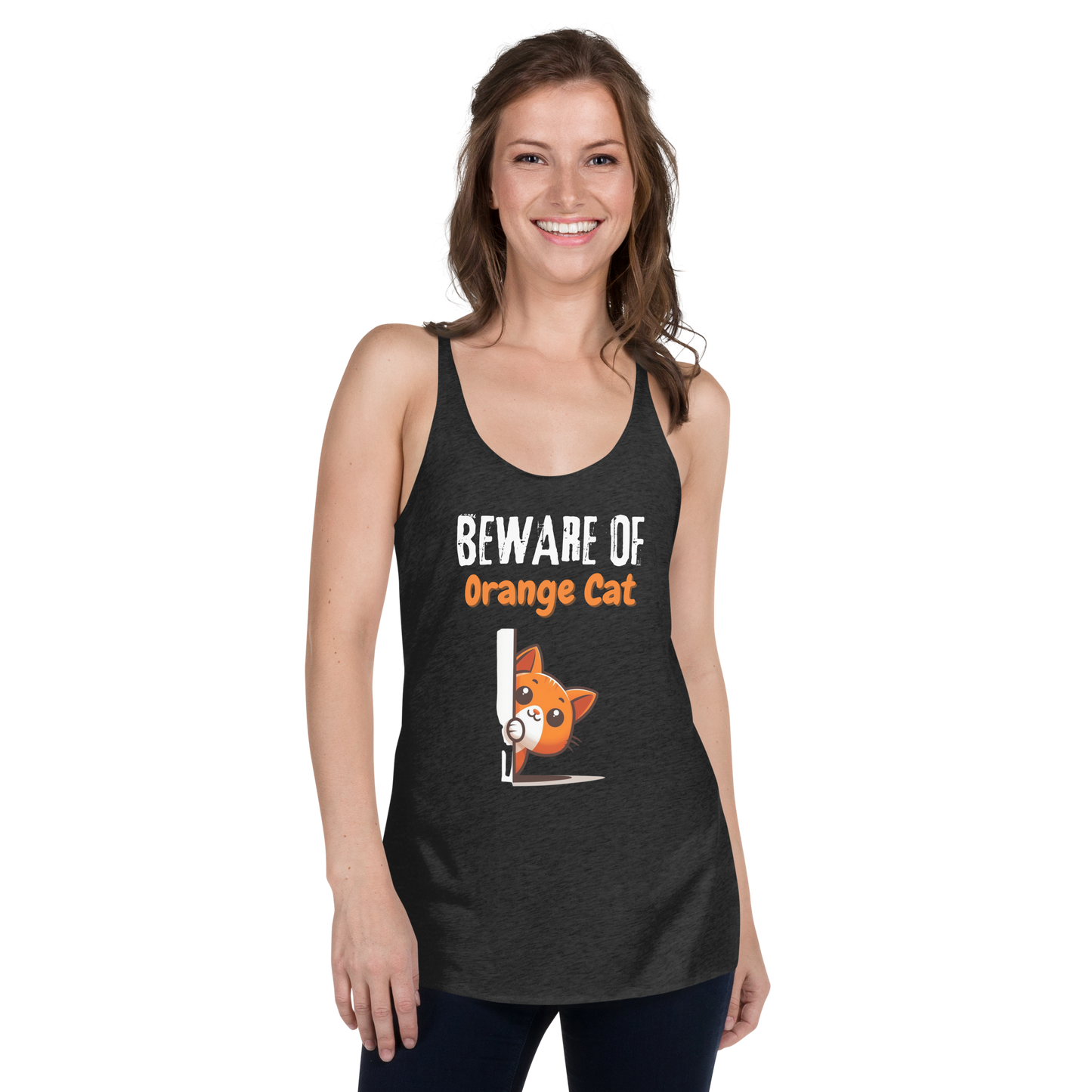 Women's Racerback Tank, Beware of Orange Cat_white letters