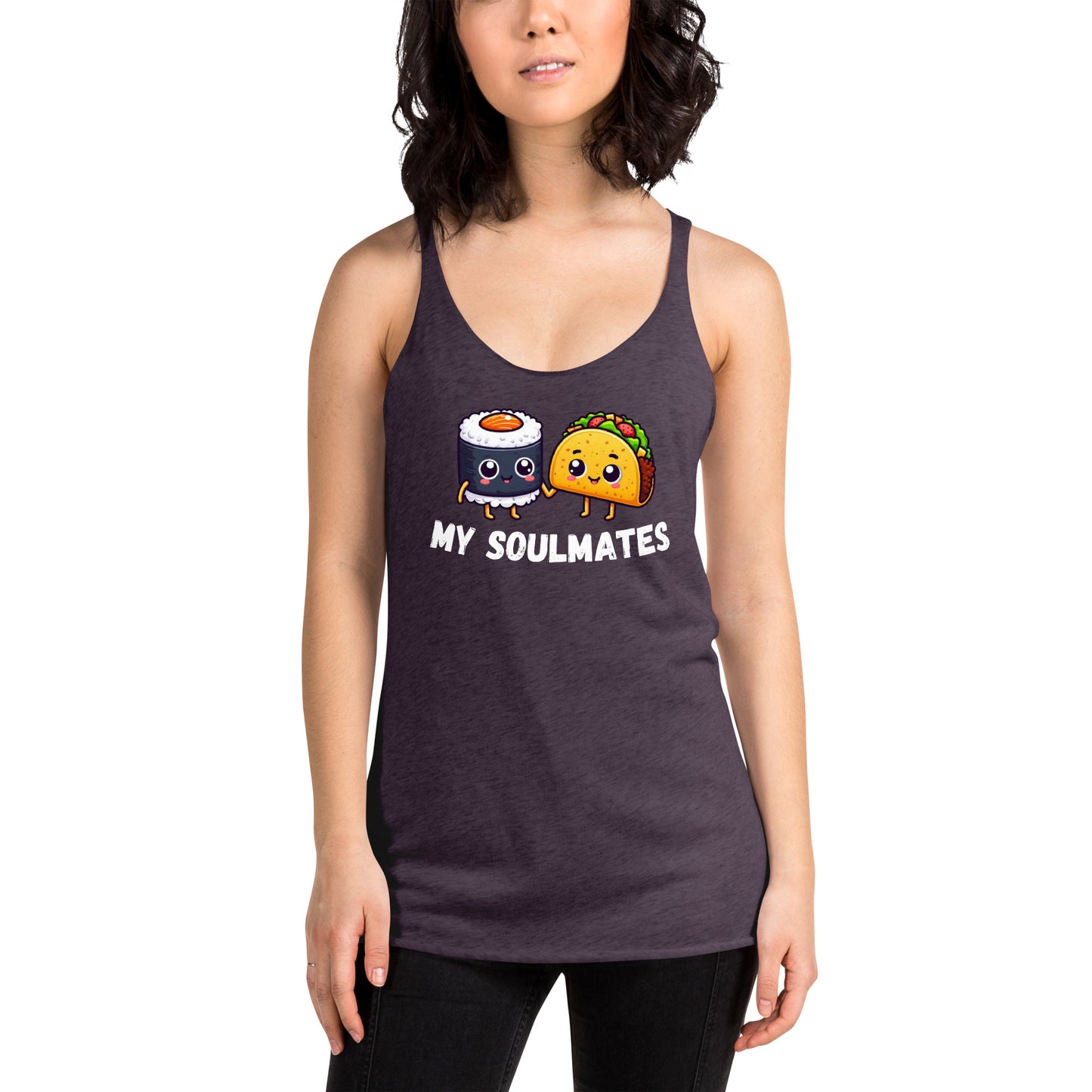 Women's Racerback Tank, Sushi and Taco My Soulmates_white letters