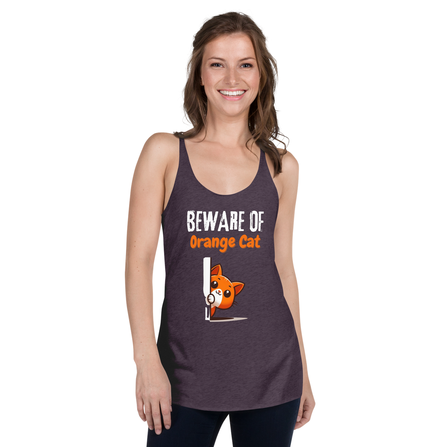 Women's Racerback Tank, Beware of Orange Cat_white letters