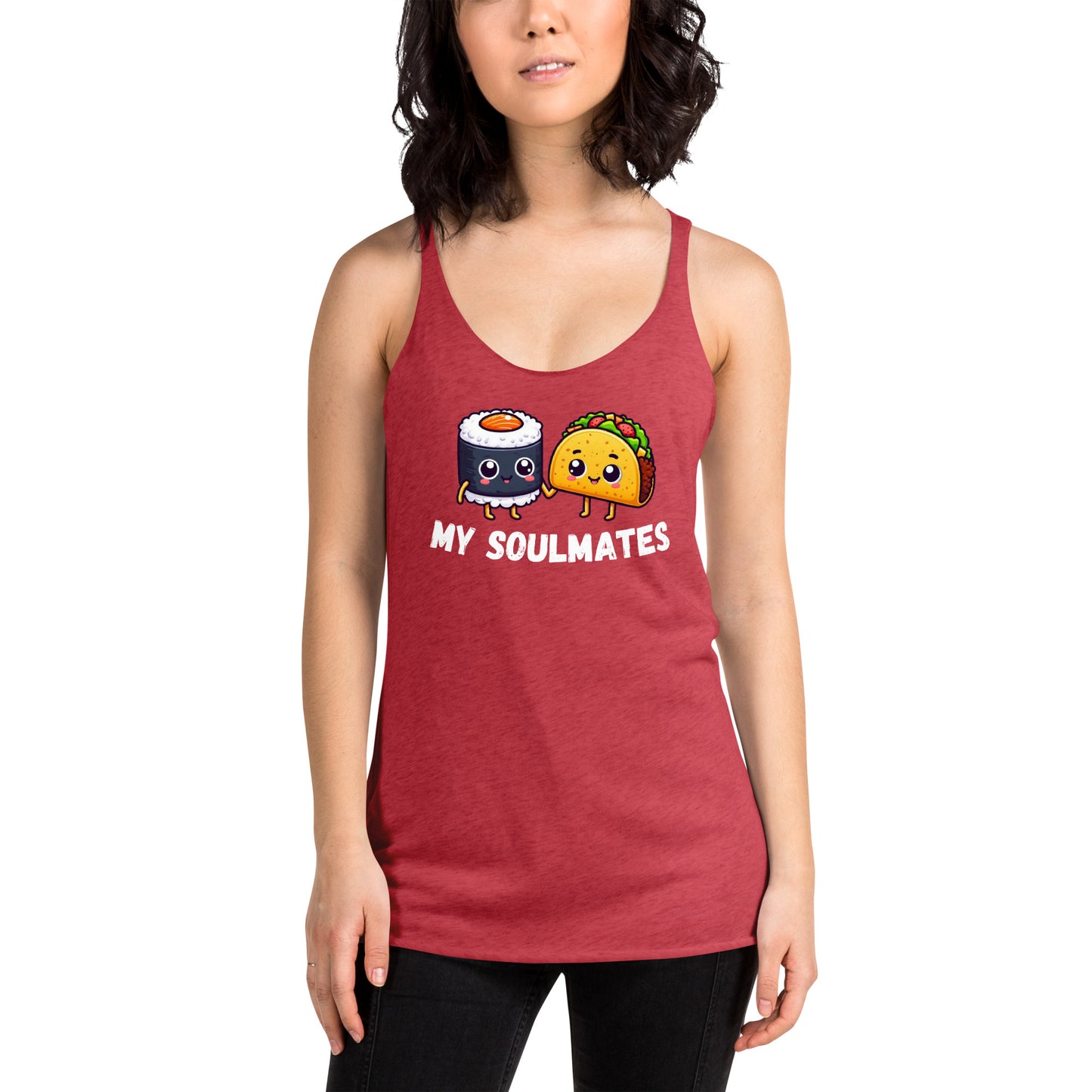 Women's Racerback Tank, Sushi and Taco My Soulmates_white letters