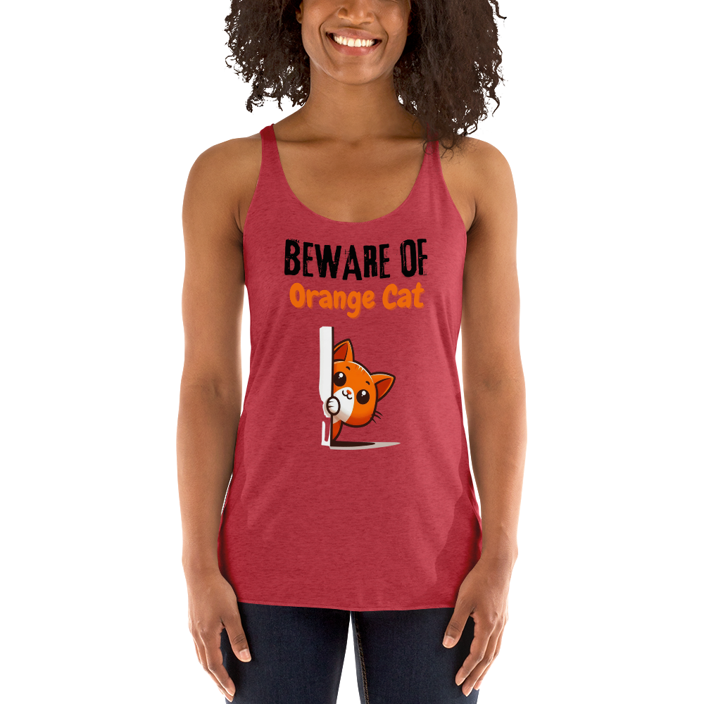 Women's Racerback Tank, Beware of Orange Cat_black letters