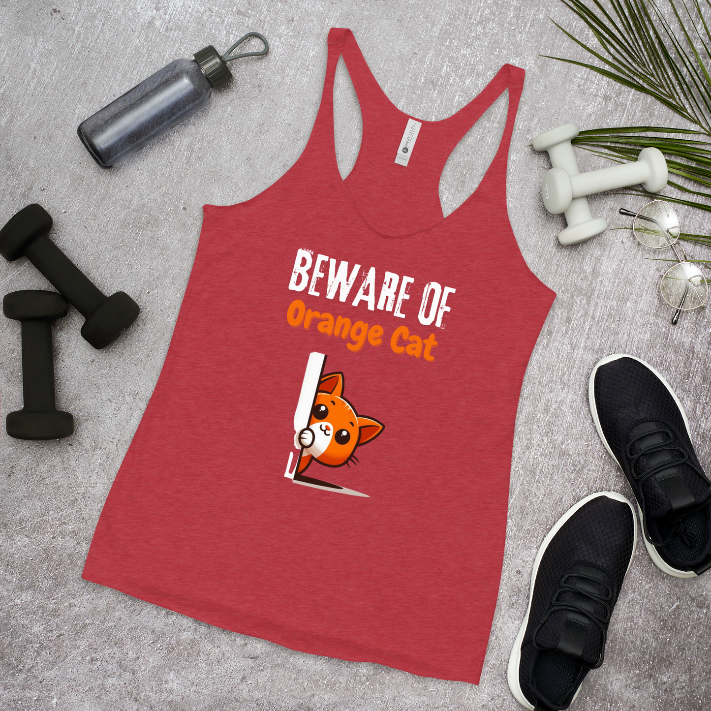 Women's Racerback Tank, Beware of Orange Cat_white letters