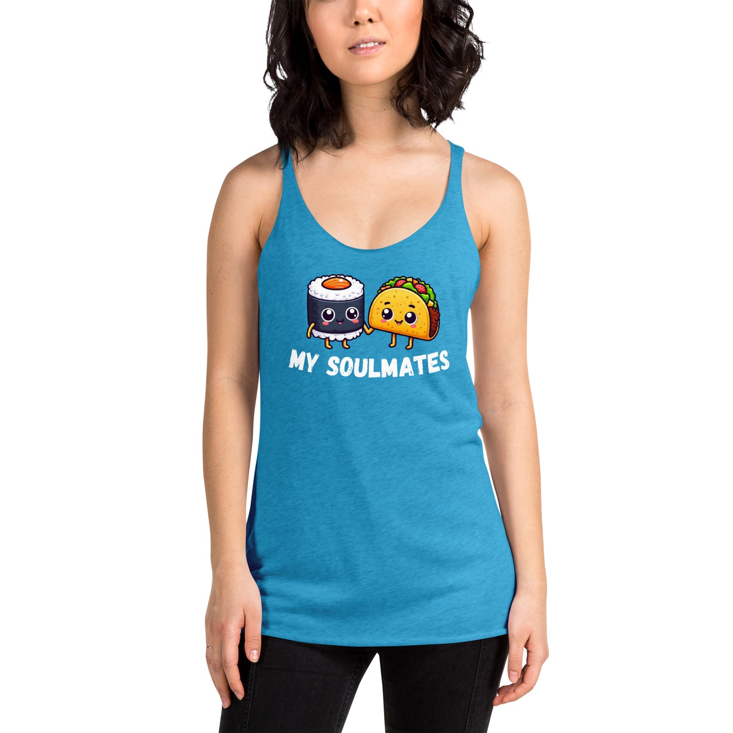 Women's Racerback Tank, Sushi and Taco My Soulmates_white letters