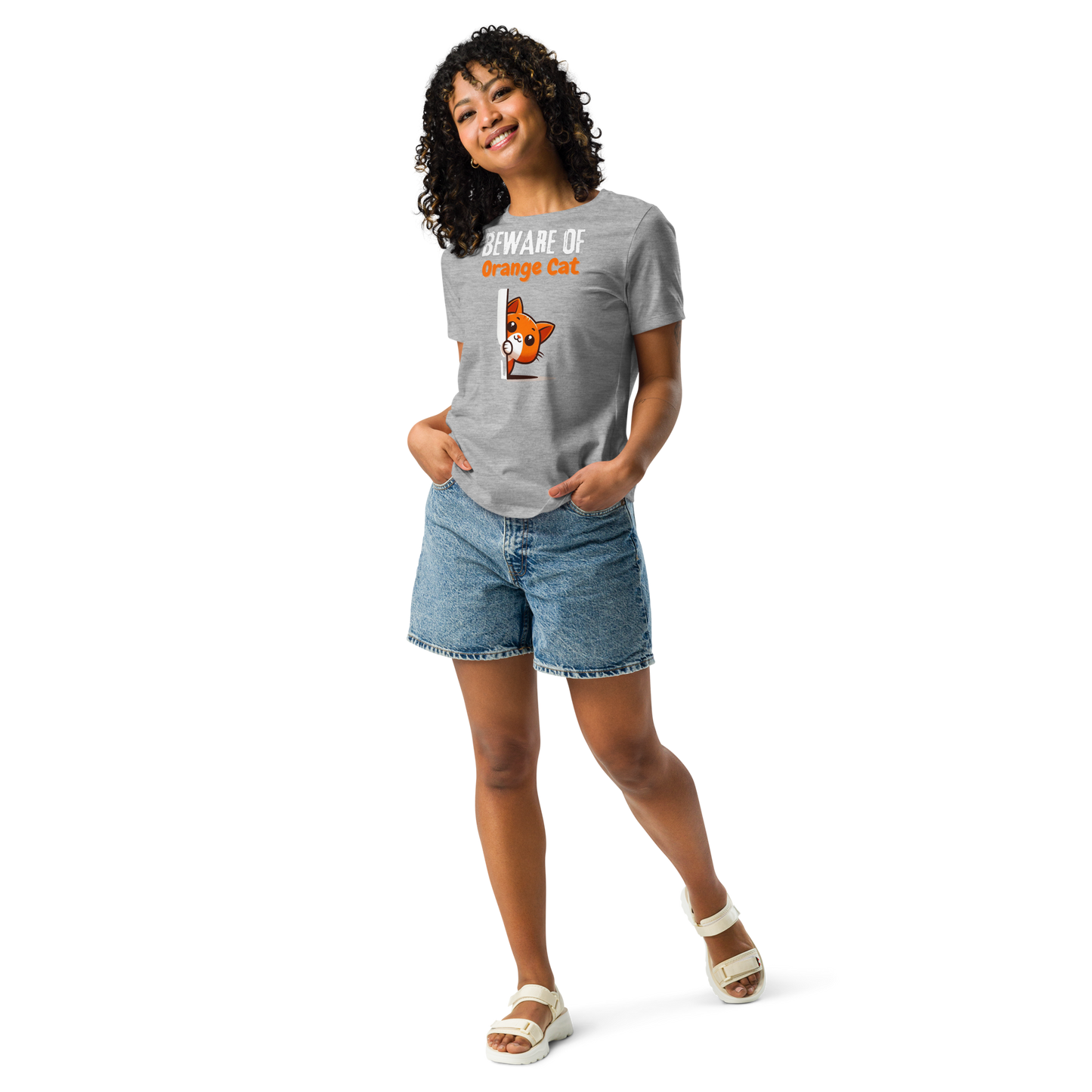 Women's Relaxed T-Shirt, Beware of Orange Cat_white letters