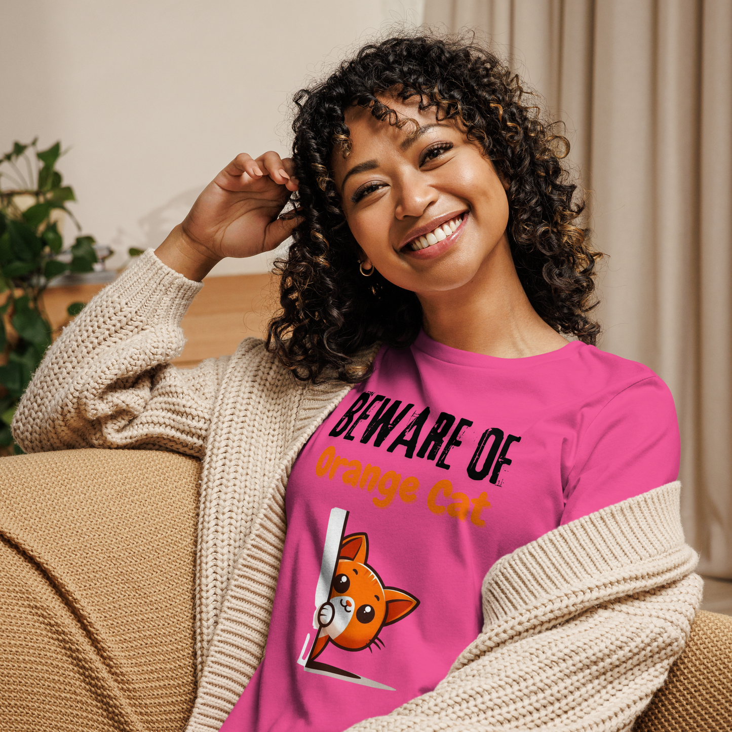 Women's Relaxed T-Shirt, Beware of Orange Cat_black letters