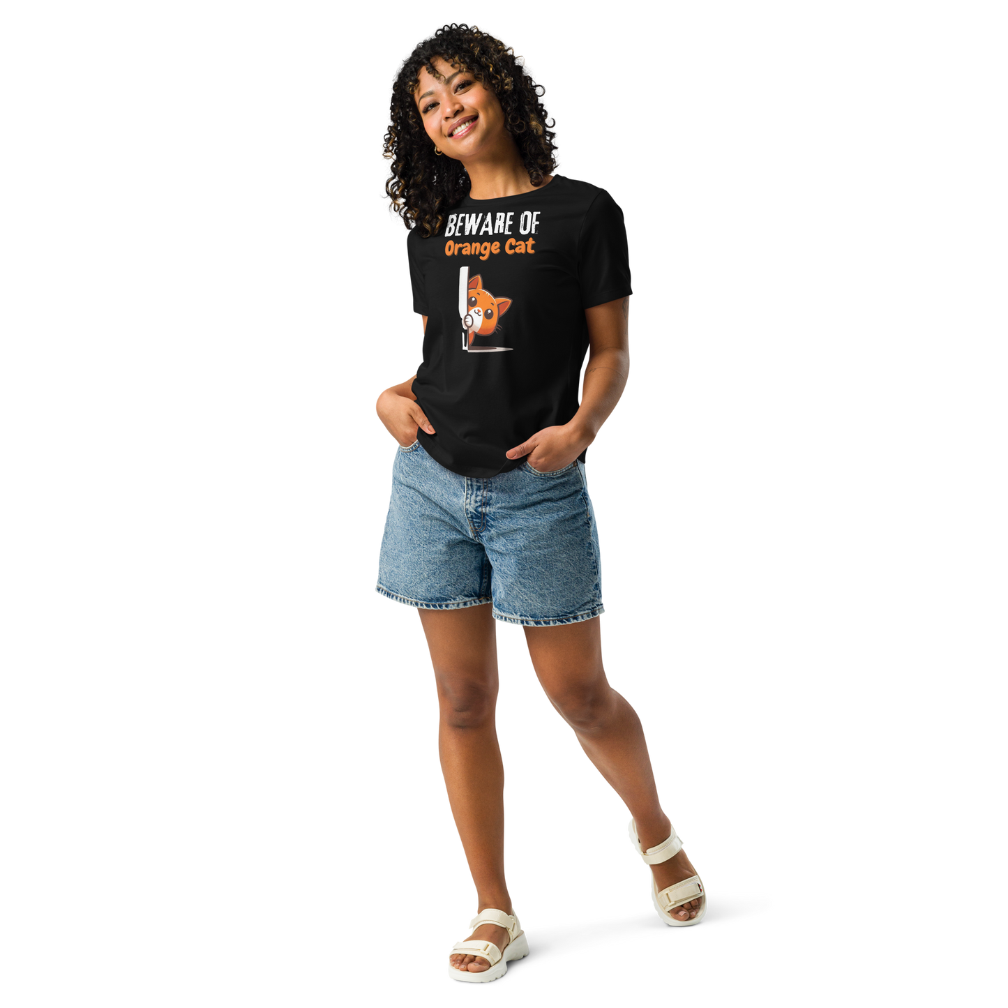 Women's Relaxed T-Shirt, Beware of Orange Cat_white letters