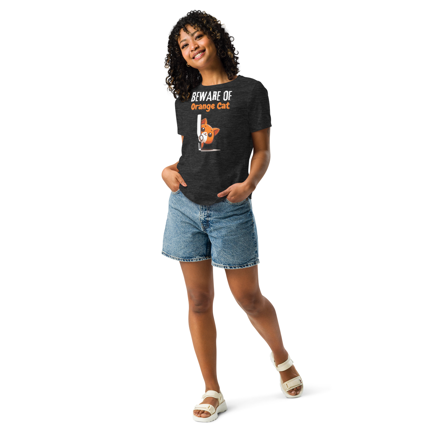 Women's Relaxed T-Shirt, Beware of Orange Cat_white letters