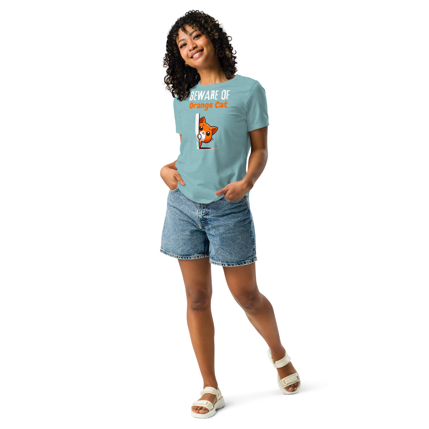 Women's Relaxed T-Shirt, Beware of Orange Cat_white letters