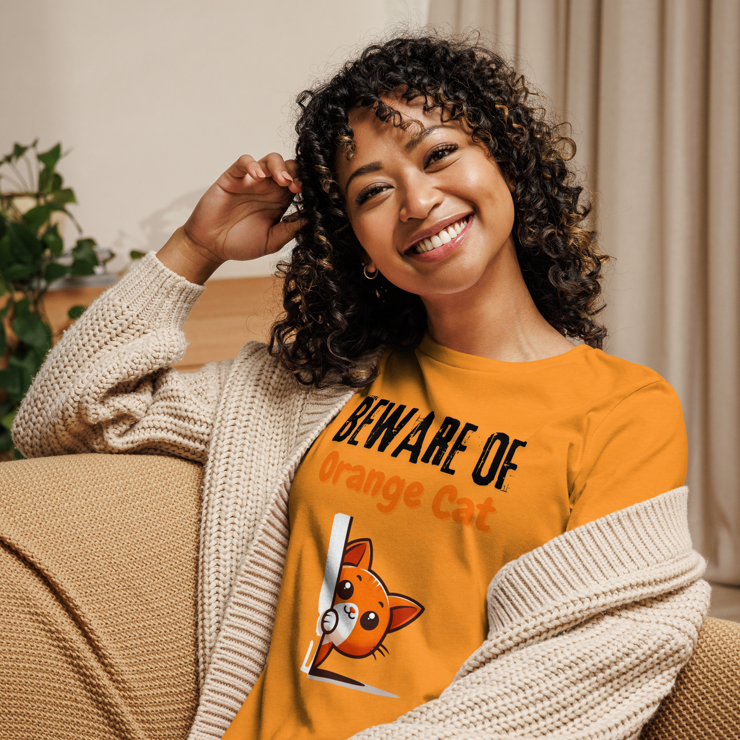 Women's Relaxed T-Shirt, Beware of Orange Cat_black letters