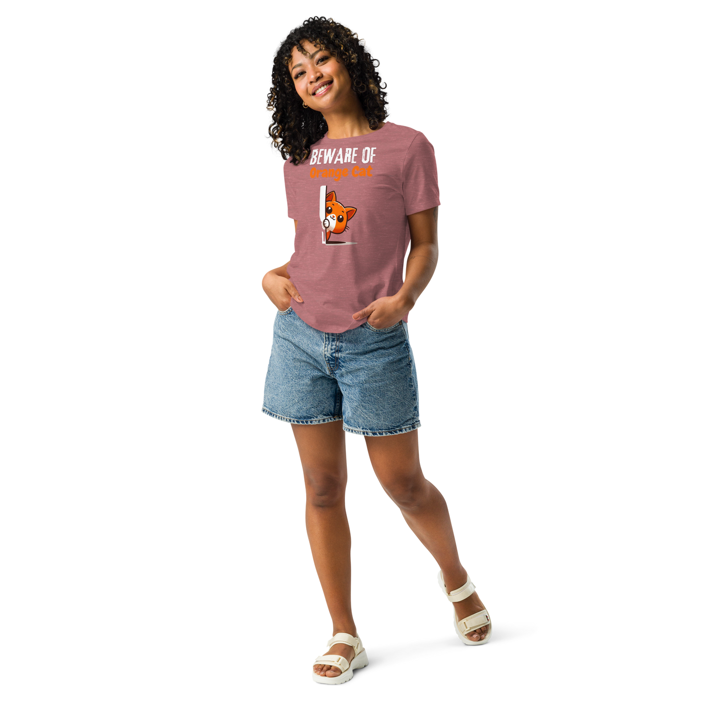 Women's Relaxed T-Shirt, Beware of Orange Cat_white letters