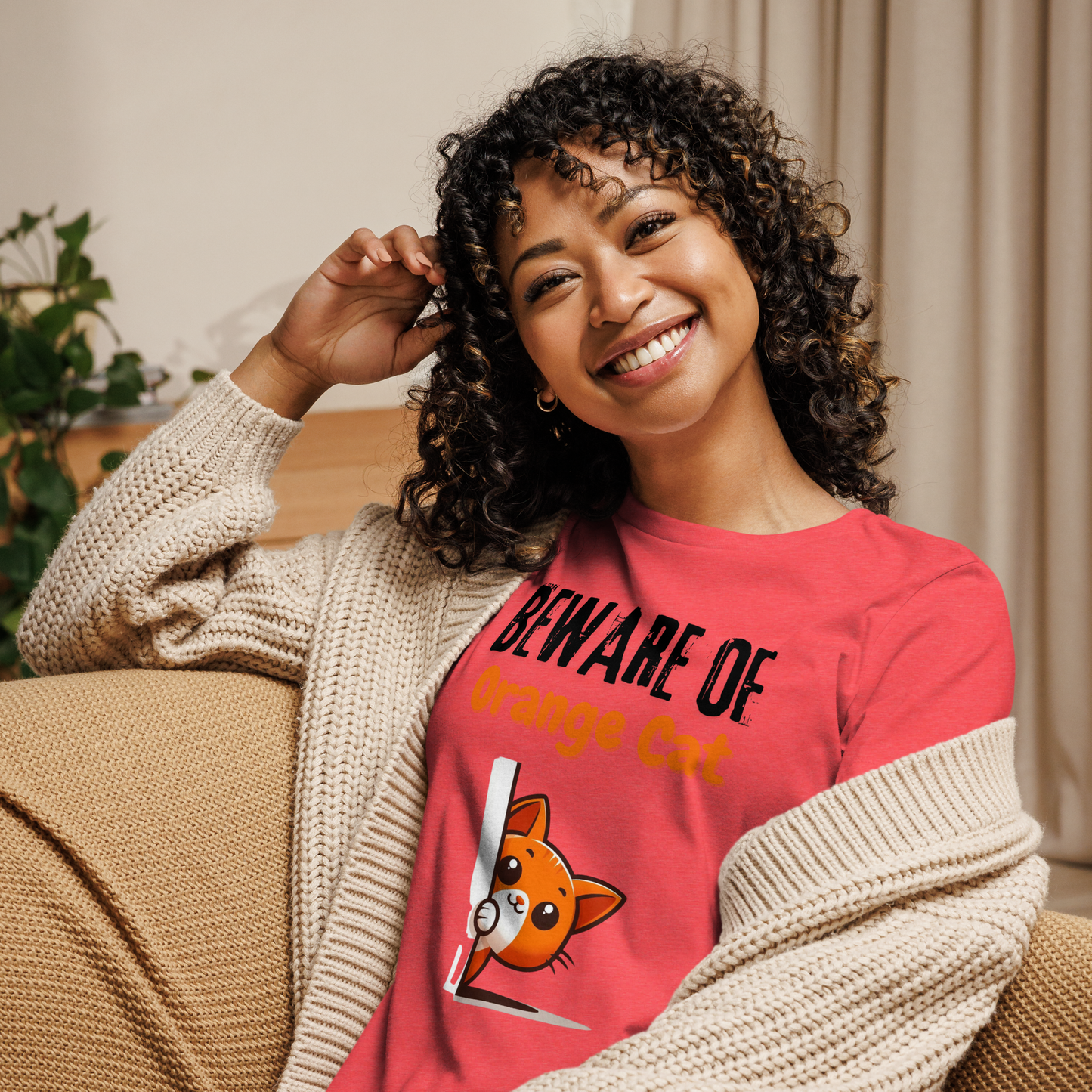 Women's Relaxed T-Shirt, Beware of Orange Cat_black letters