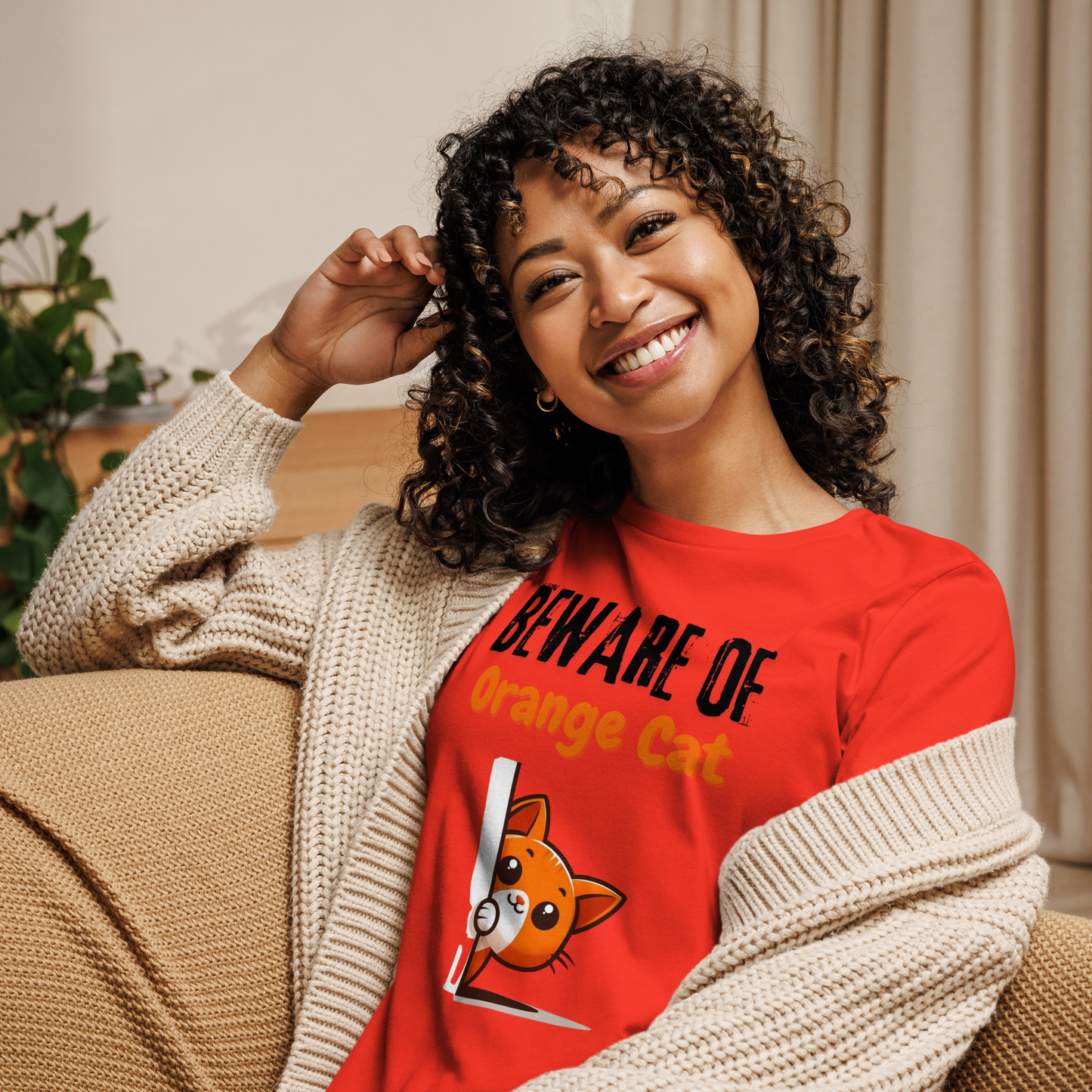 Women's Relaxed T-Shirt, Beware of Orange Cat_black letters